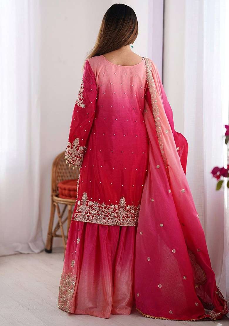 Pink Embroidered Poly Blended Kurta Sets - Indya