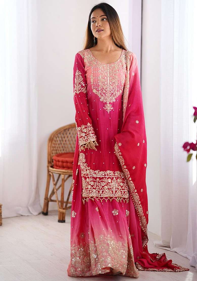 Pink Embroidered Poly Blended Kurta Sets - Indya