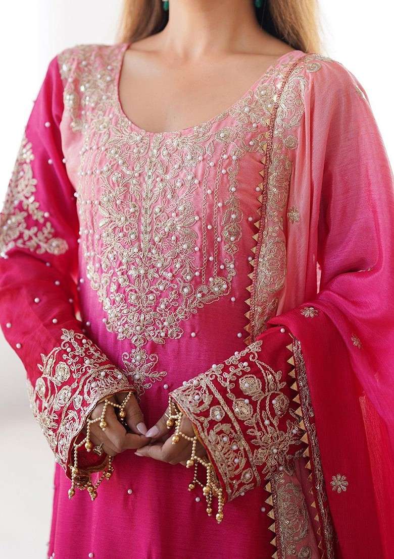 Pink Embroidered Poly Blended Kurta Sets - Indya