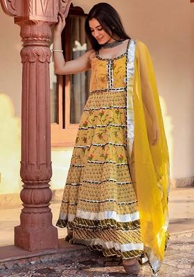 Yellow Embroidered Poly Blended Kurta Sets