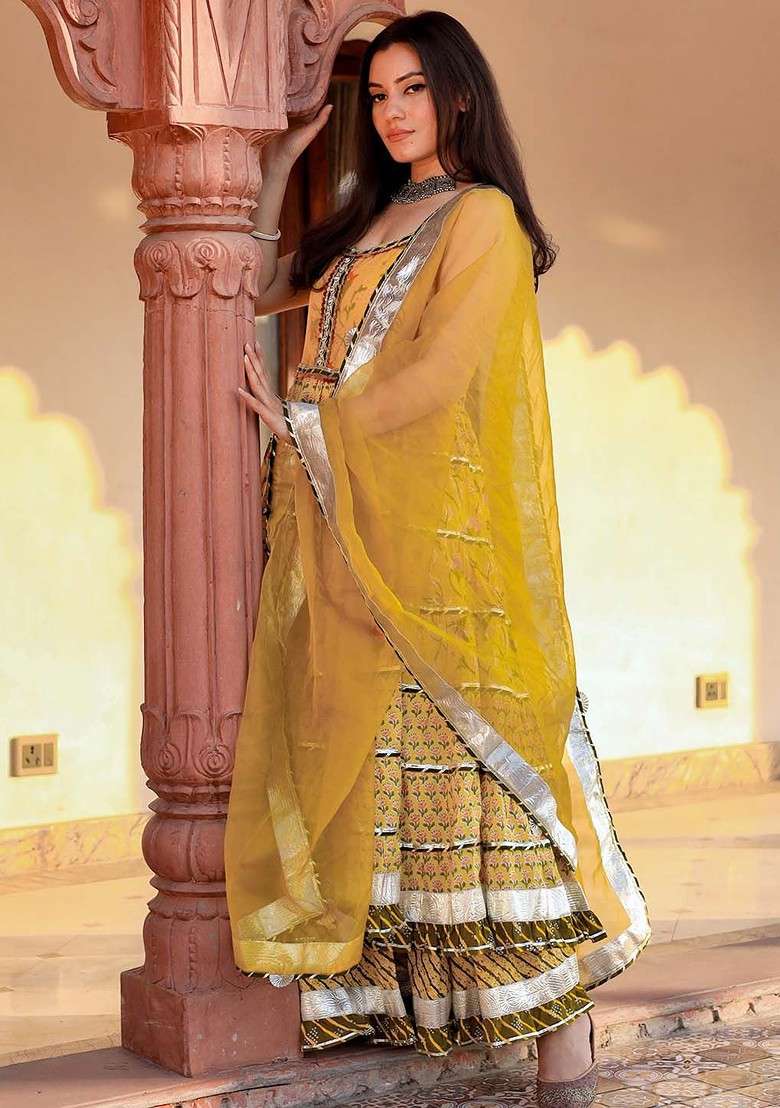 Yellow Embroidered Poly Blended Kurta Sets - Indya