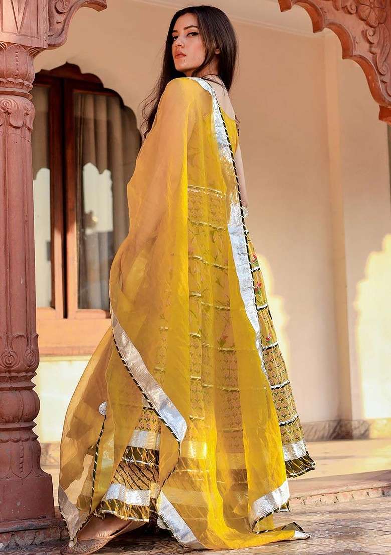 Yellow Embroidered Poly Blended Kurta Sets - Indya