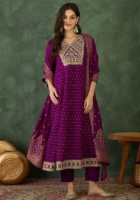 Purple Embroidered Poly Blended Kurta Sets
