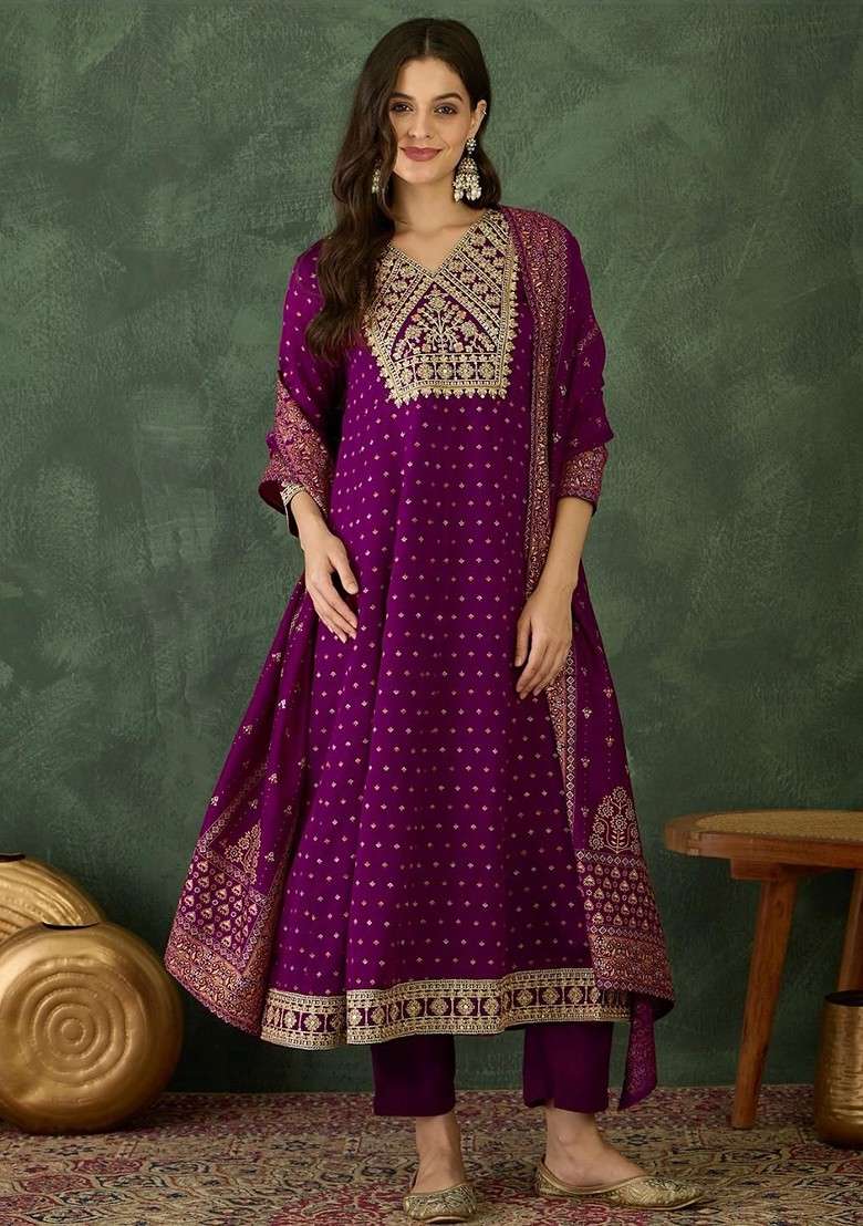 Purple Embroidered Poly Blended Kurta Sets - Indya