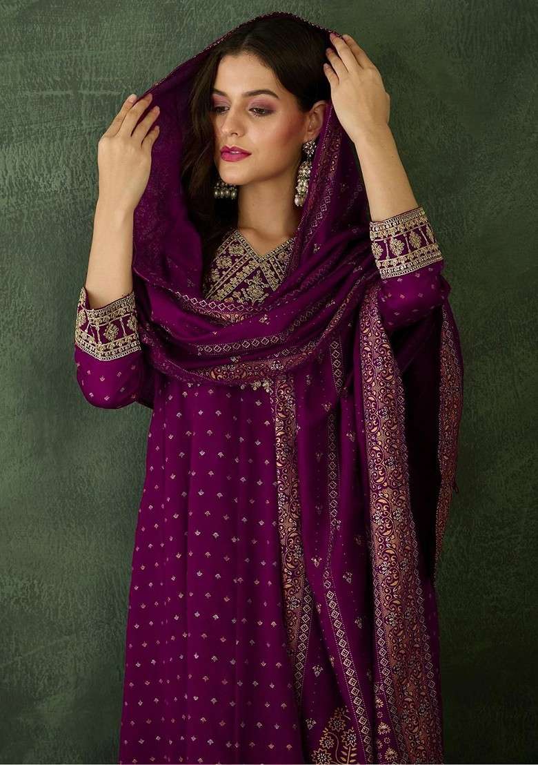 Purple Embroidered Poly Blended Kurta Sets - Indya