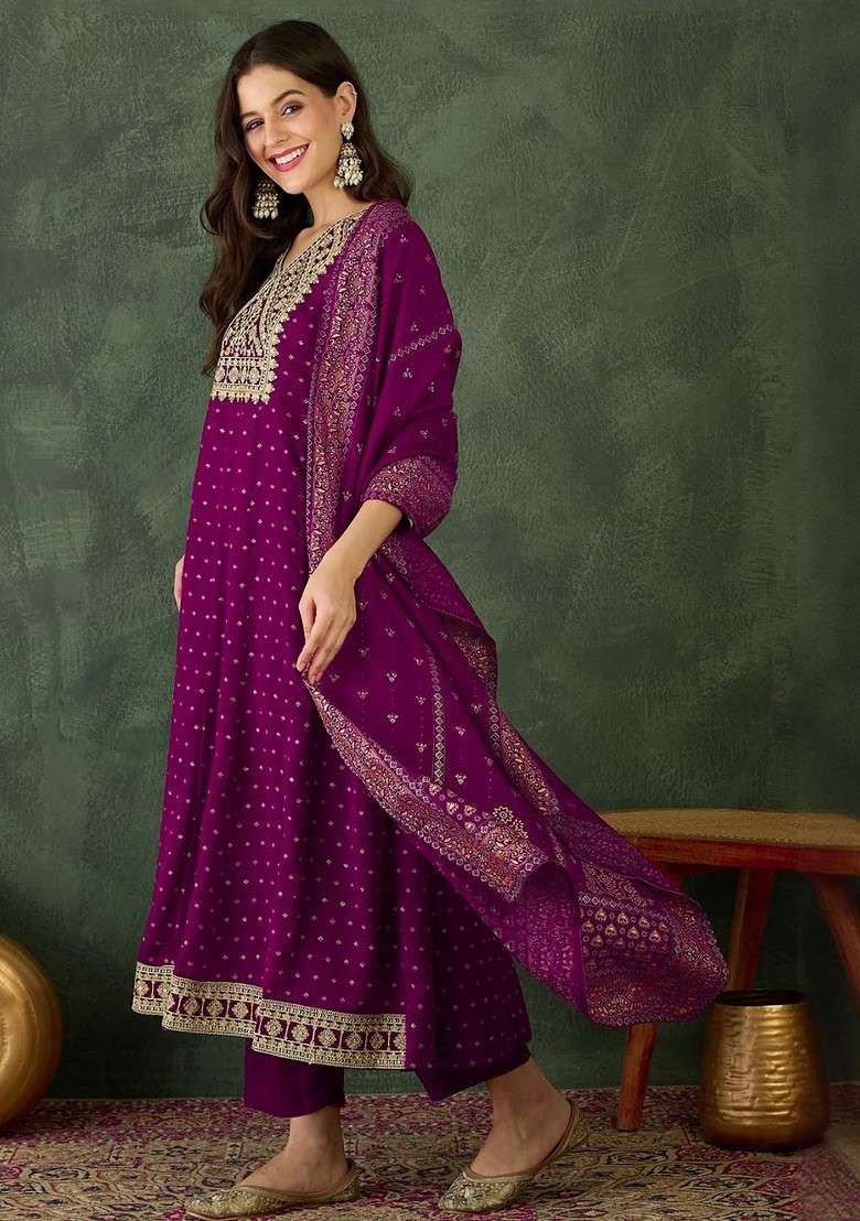 Purple Embroidered Poly Blended Kurta Sets - Indya