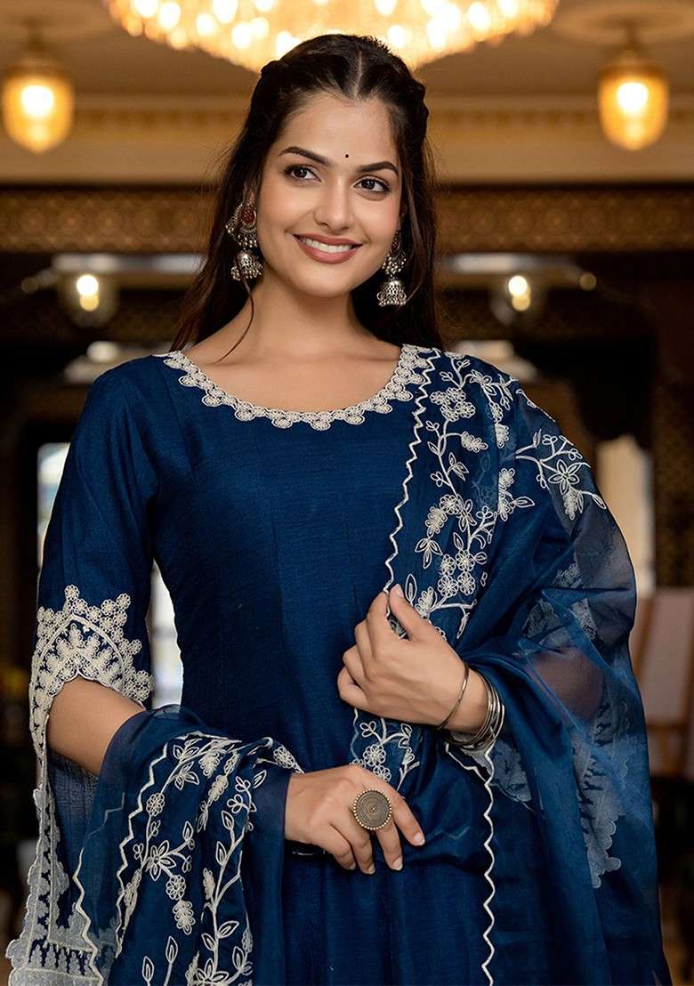 Blue Embroidered Poly Blended Kurta Sets - Indya