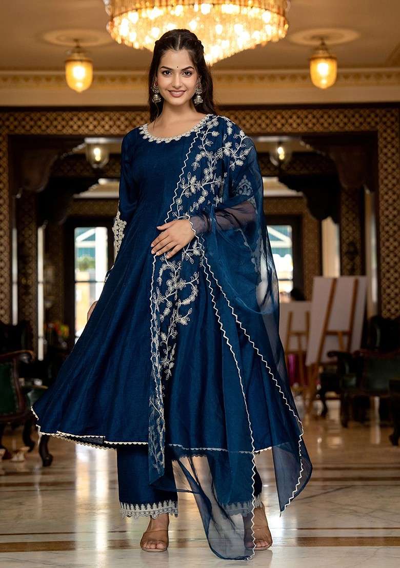 Blue Embroidered Poly Blended Kurta Sets - Indya