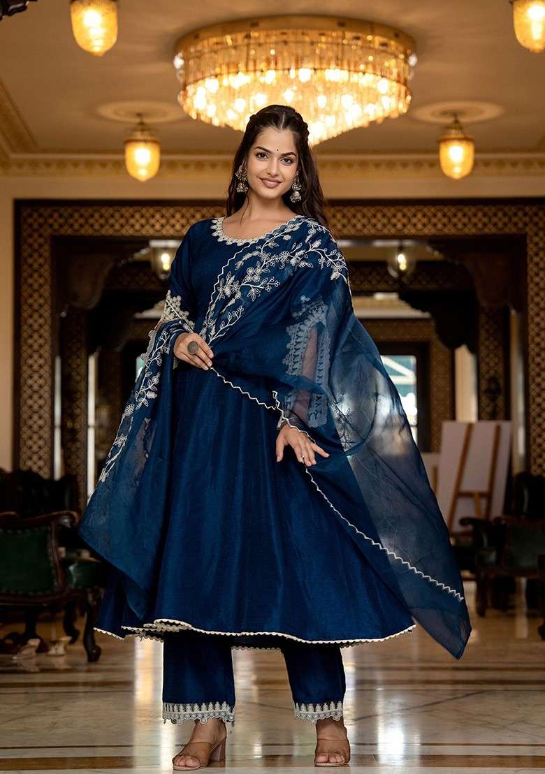Blue Embroidered Poly Blended Kurta Sets - Indya