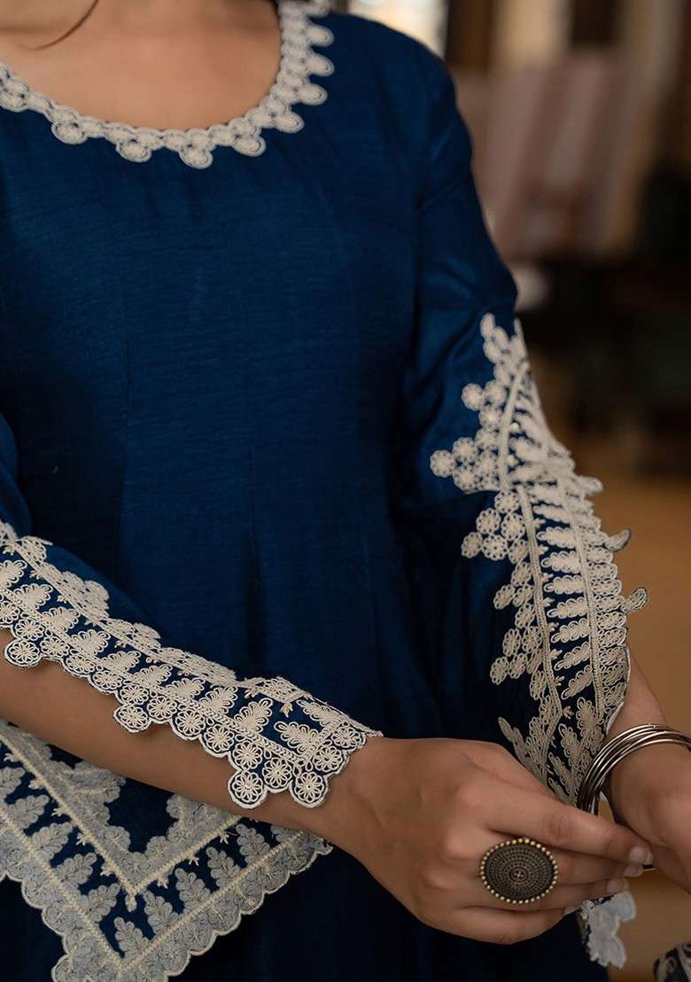 Blue Embroidered Poly Blended Kurta Sets - Indya