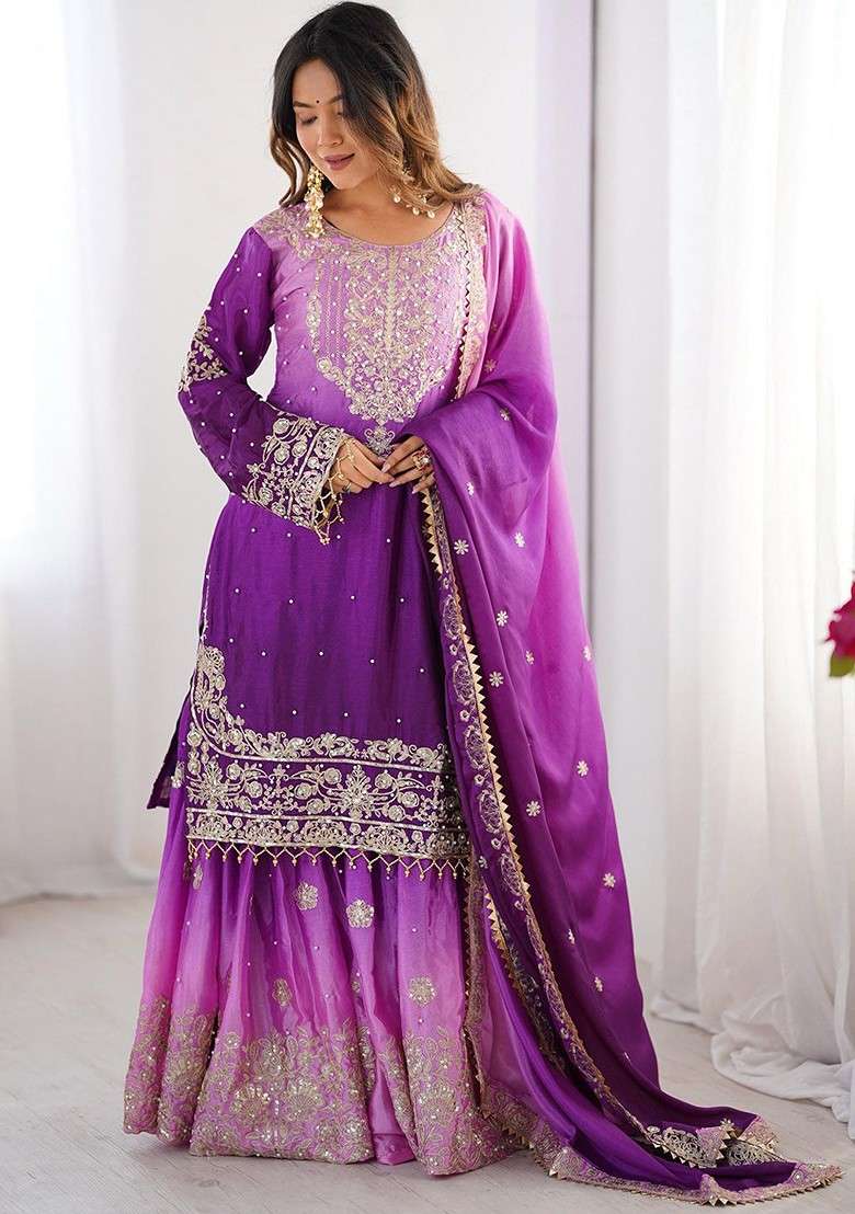 Purple Embroidered Poly Blended Kurta Sets - Indya