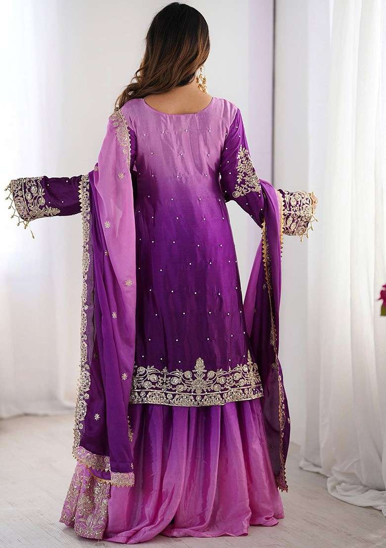 Purple Embroidered Poly Blended Kurta Sets - Indya