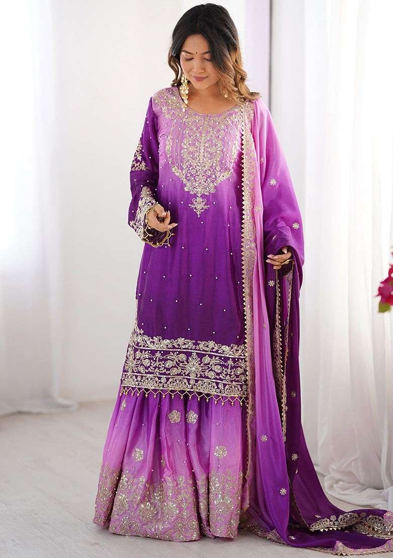Purple Embroidered Poly Blended Kurta Sets - Indya