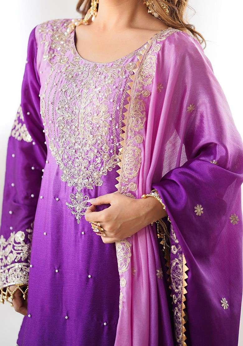 Purple Embroidered Poly Blended Kurta Sets - Indya