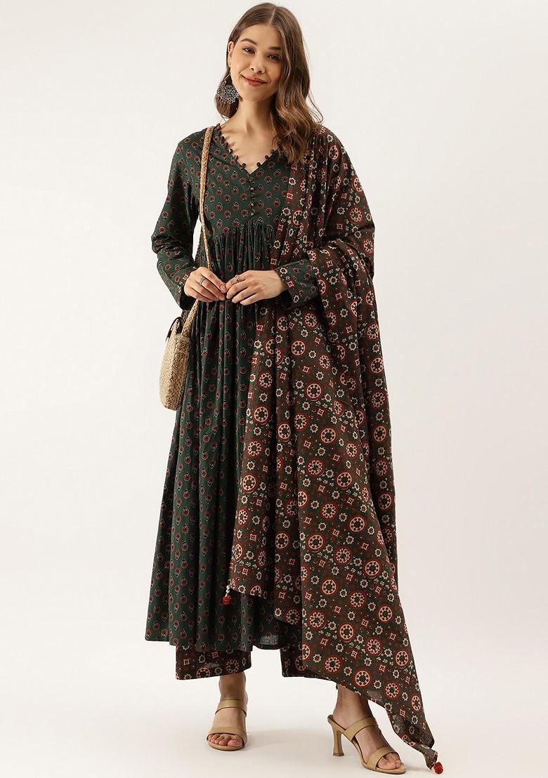 Green Embroidered Poly Blended Kurta Sets - Indya