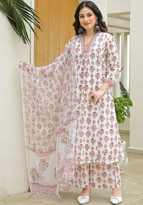 White Embroidered Poly Blended Kurta Sets