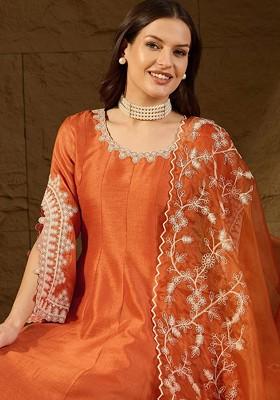Orange Embroidered Poly Blended Kurta Sets