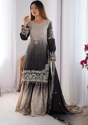 Black Embroidered Poly Blended Kurta Sets