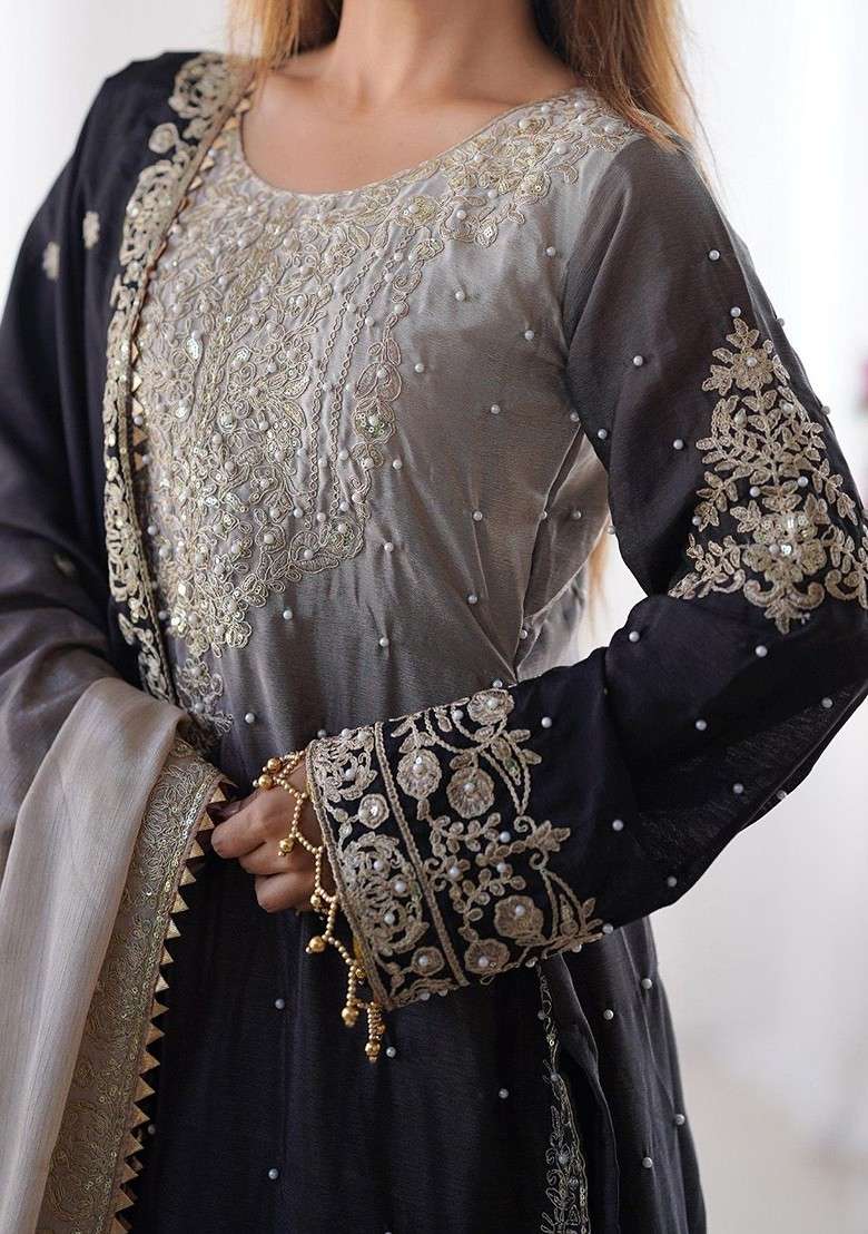 Black Embroidered Poly Blended Kurta Sets - Indya