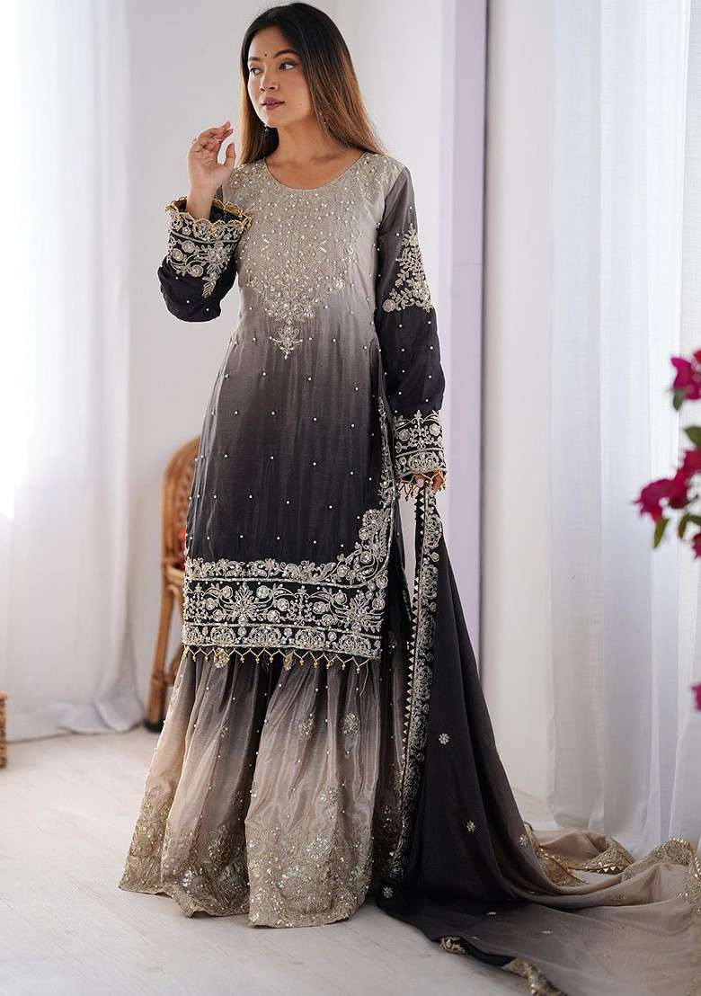 Black Embroidered Poly Blended Kurta Sets - Indya