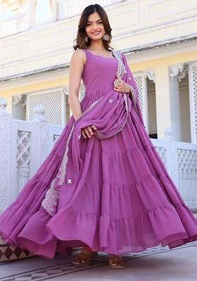 Purple Embroidered Poly Blended Kurta Sets