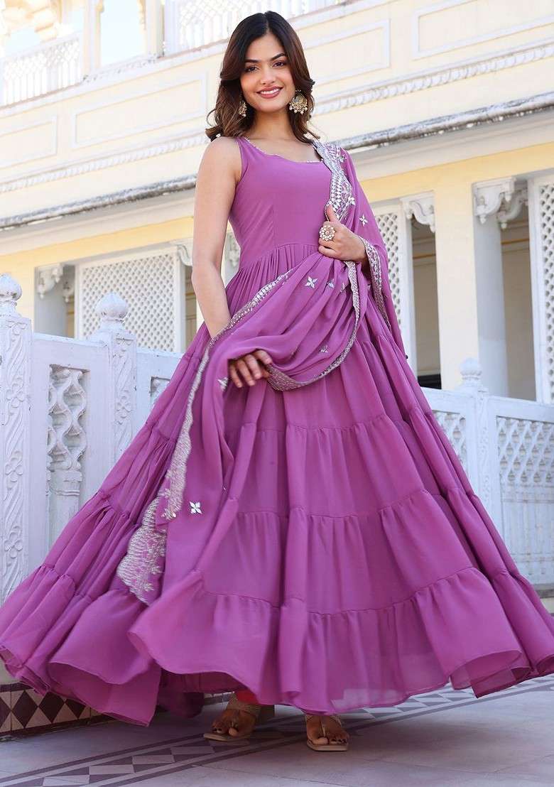 Purple Embroidered Poly Blended Kurta Sets - Indya