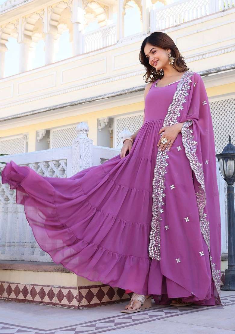 Purple Embroidered Poly Blended Kurta Sets - Indya