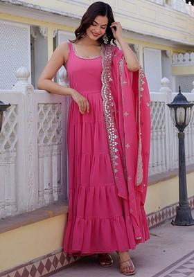 Pink Embroidered Poly Blended Kurta Sets