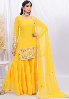 Yellow Embroidered Poly Blended Kurta Sets