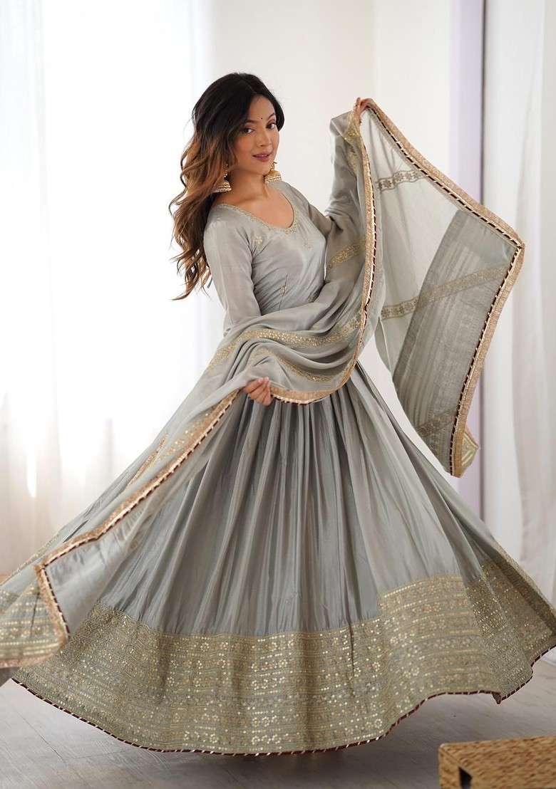 Grey Embroidered Poly Blended Kurta Sets - Indya