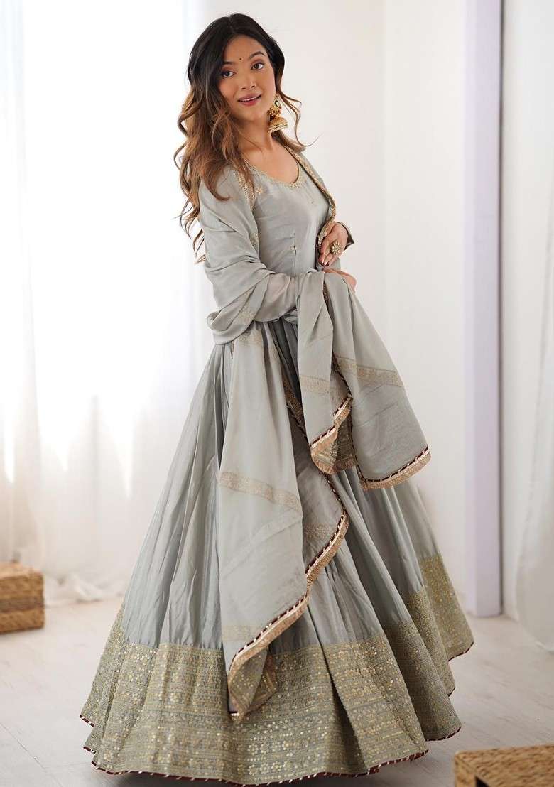 Grey Embroidered Poly Blended Kurta Sets - Indya