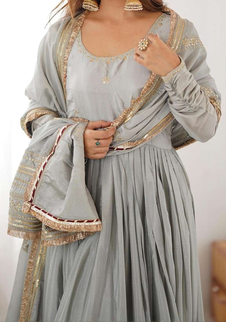 Grey Embroidered Poly Blended Kurta Sets - Indya