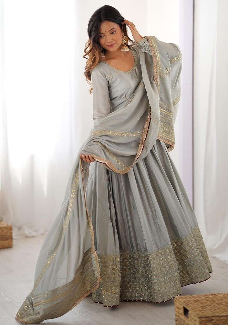 Grey Embroidered Poly Blended Kurta Sets - Indya