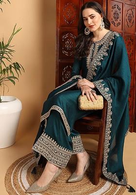 Green Embroidered Poly Blended Kurta Sets