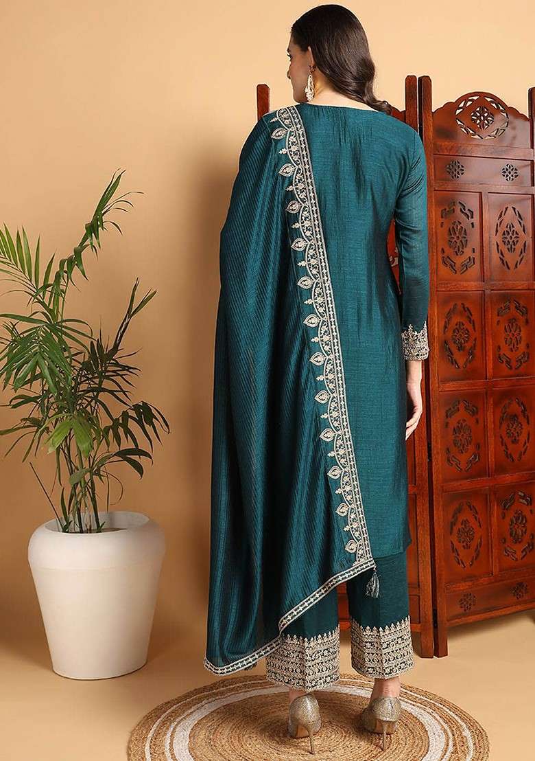 Green Embroidered Poly Blended Kurta Sets - Indya