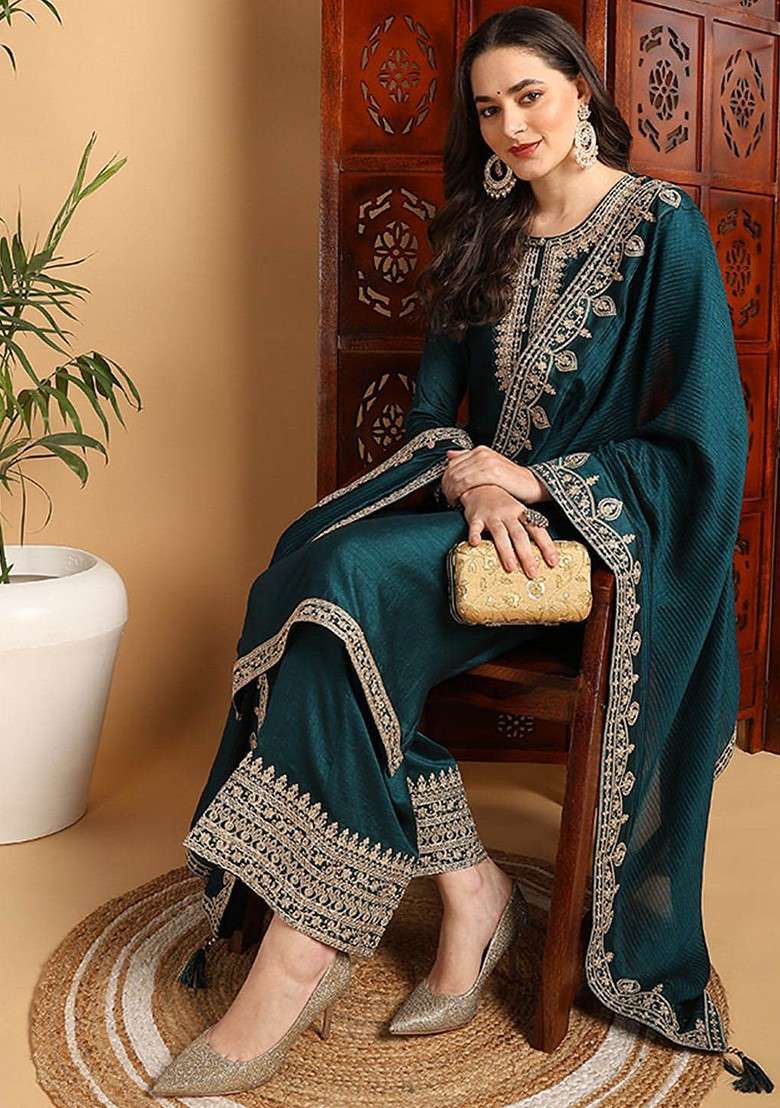 Green Embroidered Poly Blended Kurta Sets - Indya