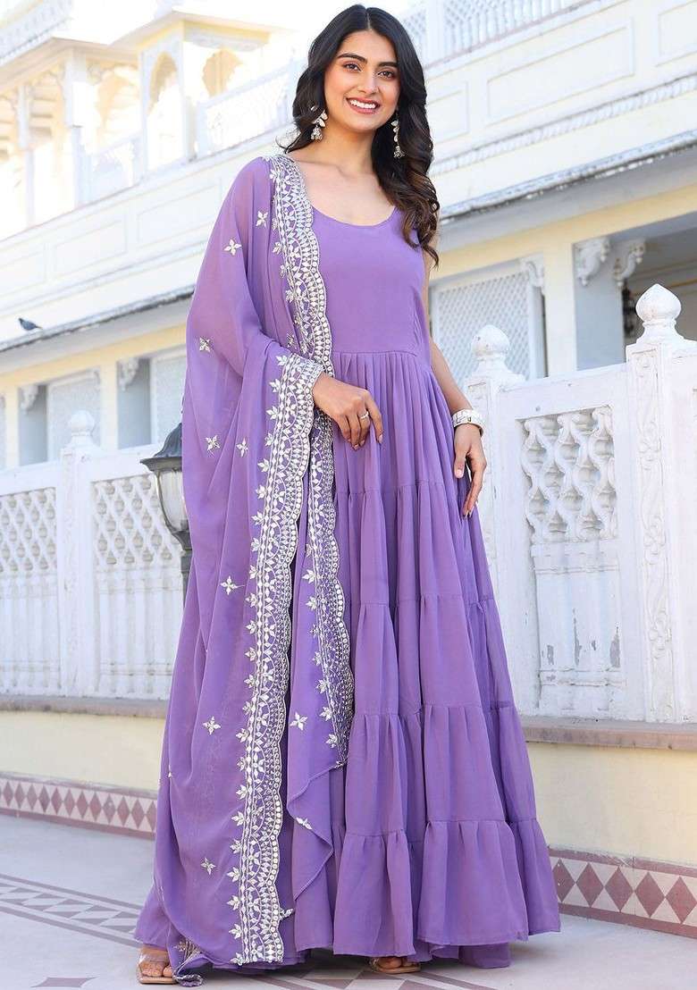 Lavender Embroidered Poly Blended Kurta Sets - Indya
