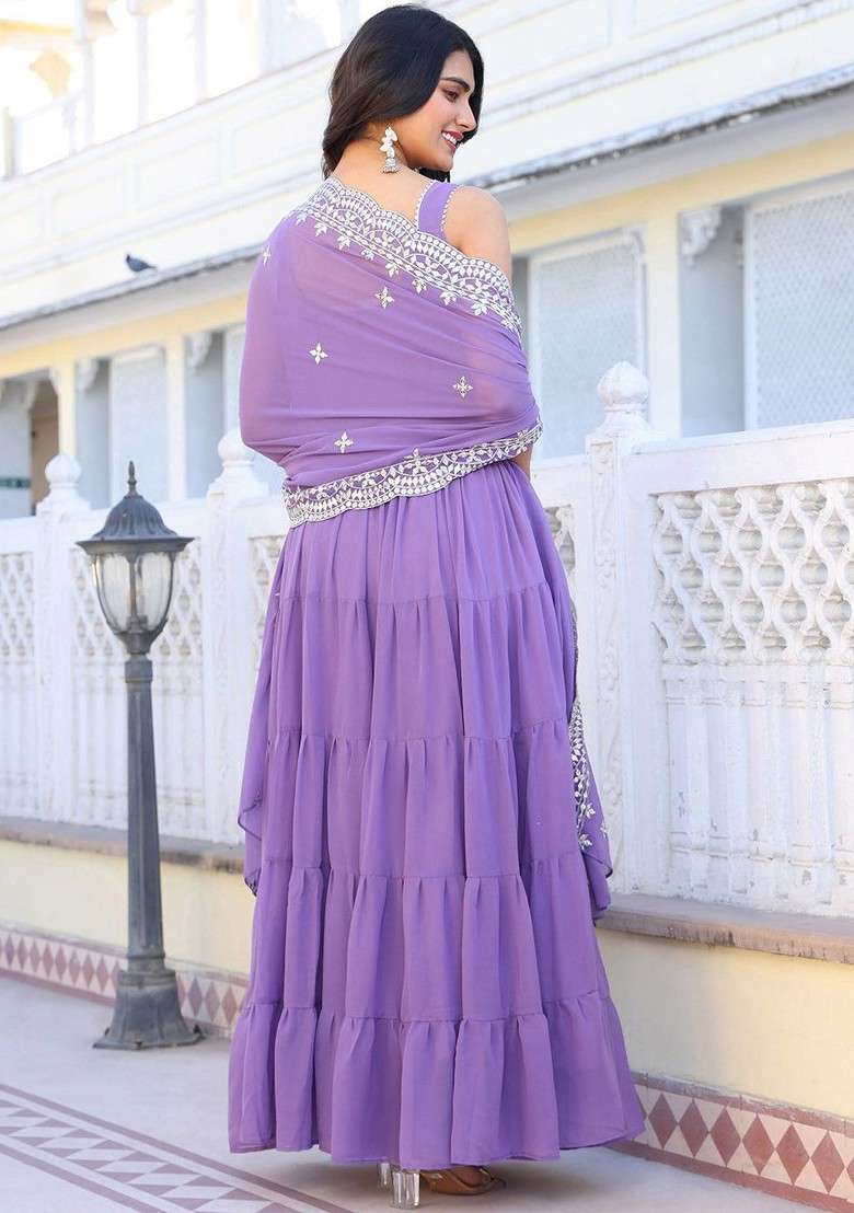 Lavender Embroidered Poly Blended Kurta Sets - Indya