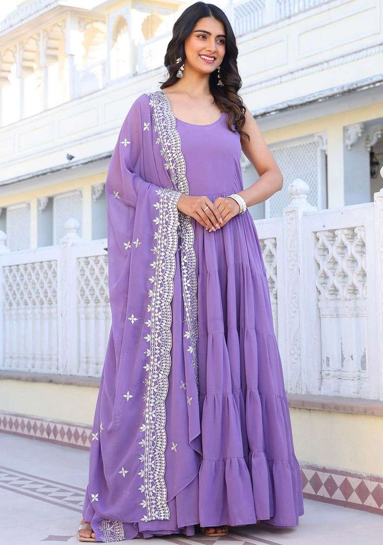 Lavender Embroidered Poly Blended Kurta Sets - Indya