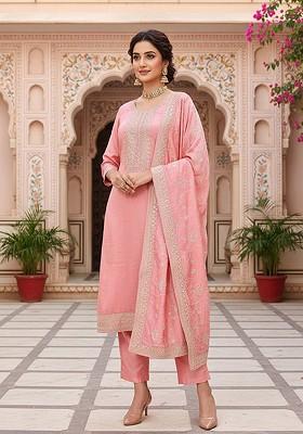 Pink Embroidered Poly Blended Kurta Sets