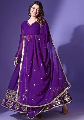 Purple Embroidered Poly Blended Kurta Sets