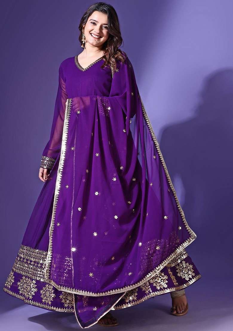 Purple Embroidered Poly Blended Kurta Sets - Indya