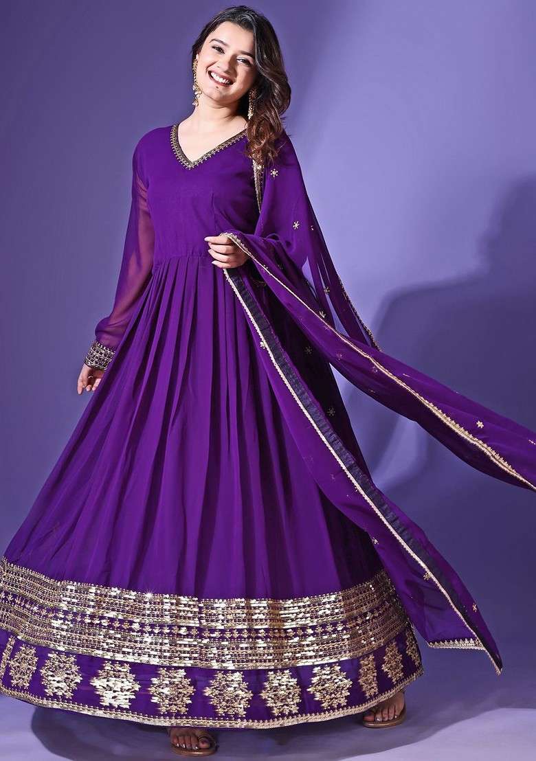 Purple Embroidered Poly Blended Kurta Sets - Indya