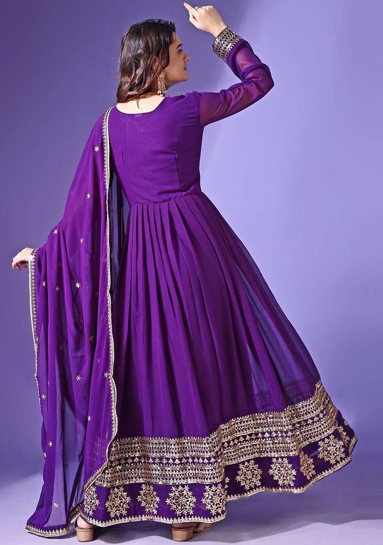 Purple Embroidered Poly Blended Kurta Sets - Indya