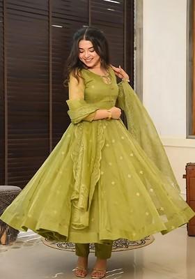 Olive Embroidered Poly Blended Kurta Sets