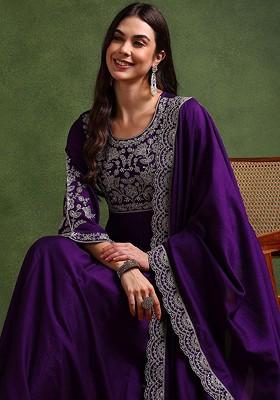 Purple Embroidered Poly Blended Kurtas