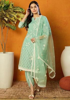 Sea Green Embroidered Poly Blended Kurta Sets