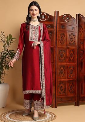 Maroon Embroidered Poly Blended Kurta Sets