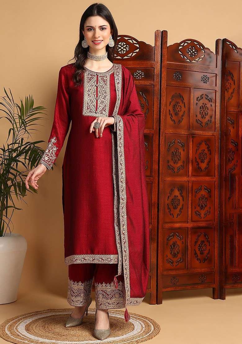 Maroon Embroidered Poly Blended Kurta Sets - Indya
