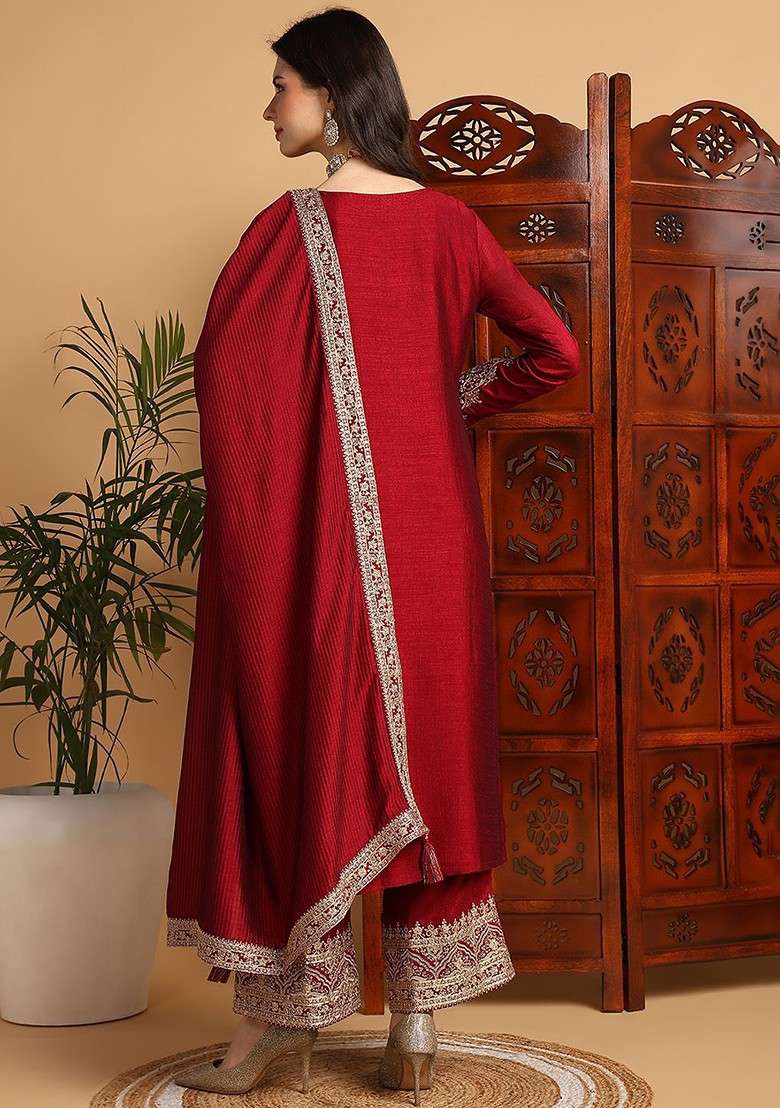 Maroon Embroidered Poly Blended Kurta Sets - Indya